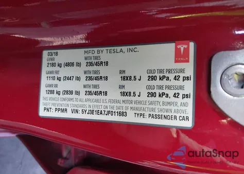 2018 Tesla Model 3 Long Range/Mid Range from USA, damaged, VIN 5YJ3E1EA7JF011683